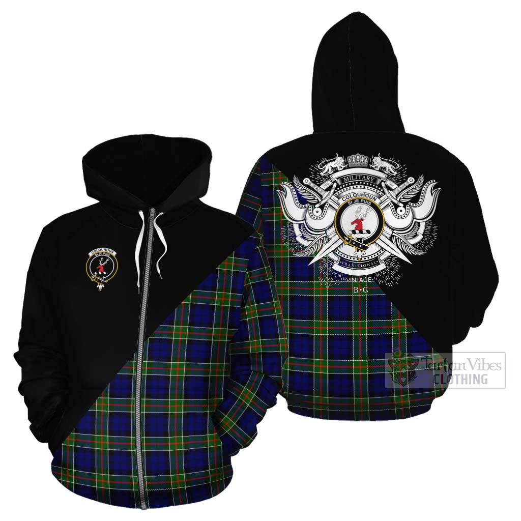 Tartan Vibes Clothing Colquhoun Tartan Cotton Hoodie with Family Crest and Military Logo Style