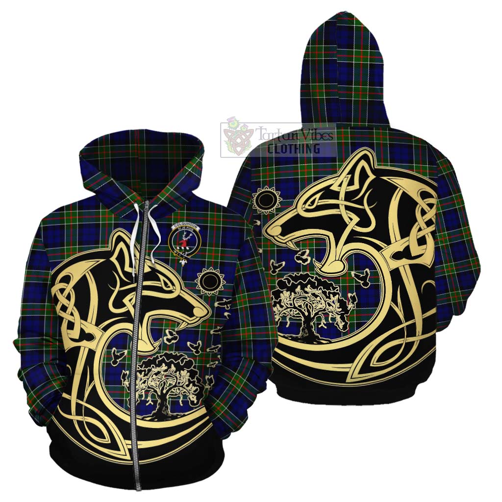 Tartan Vibes Clothing Colquhoun Tartan Cotton Hoodie with Family Crest Celtic Wolf Style