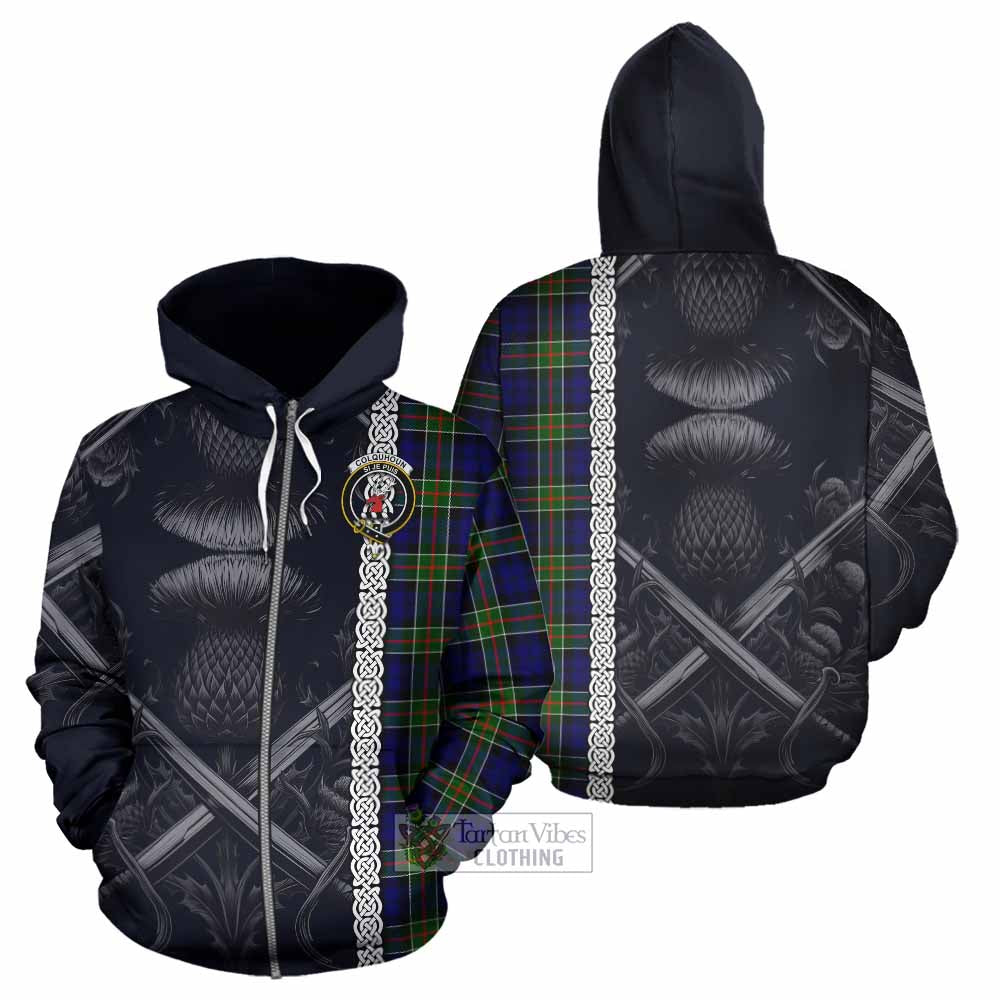 Tartan Vibes Clothing Colquhoun Tartan Hoodie with Family Crest Cross Sword Thistle Celtic Vibes