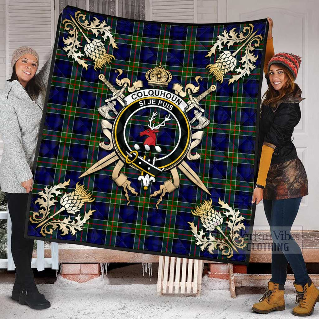 Tartan Vibes Clothing Colquhoun Tartan Quilt with Family Crest and Scottish Golden Courage Shield