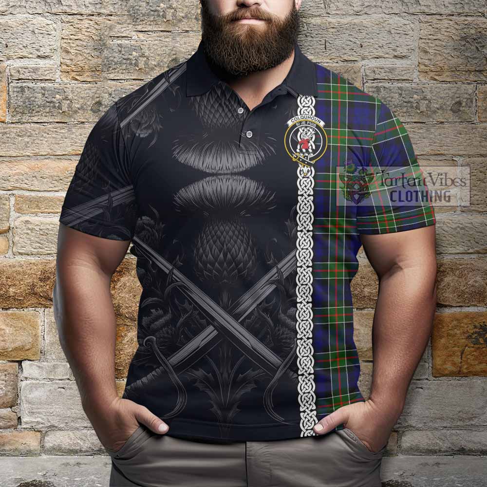 Tartan Vibes Clothing Colquhoun Tartan Polo Shirt with Family Crest Cross Sword Thistle Celtic Vibes