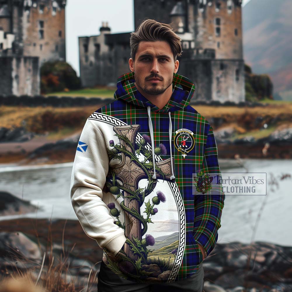 Tartan Vibes Clothing Colquhoun Tartan Cotton Hoodie with Family Crest and St. Andrew's Cross Accented by Thistle Vines