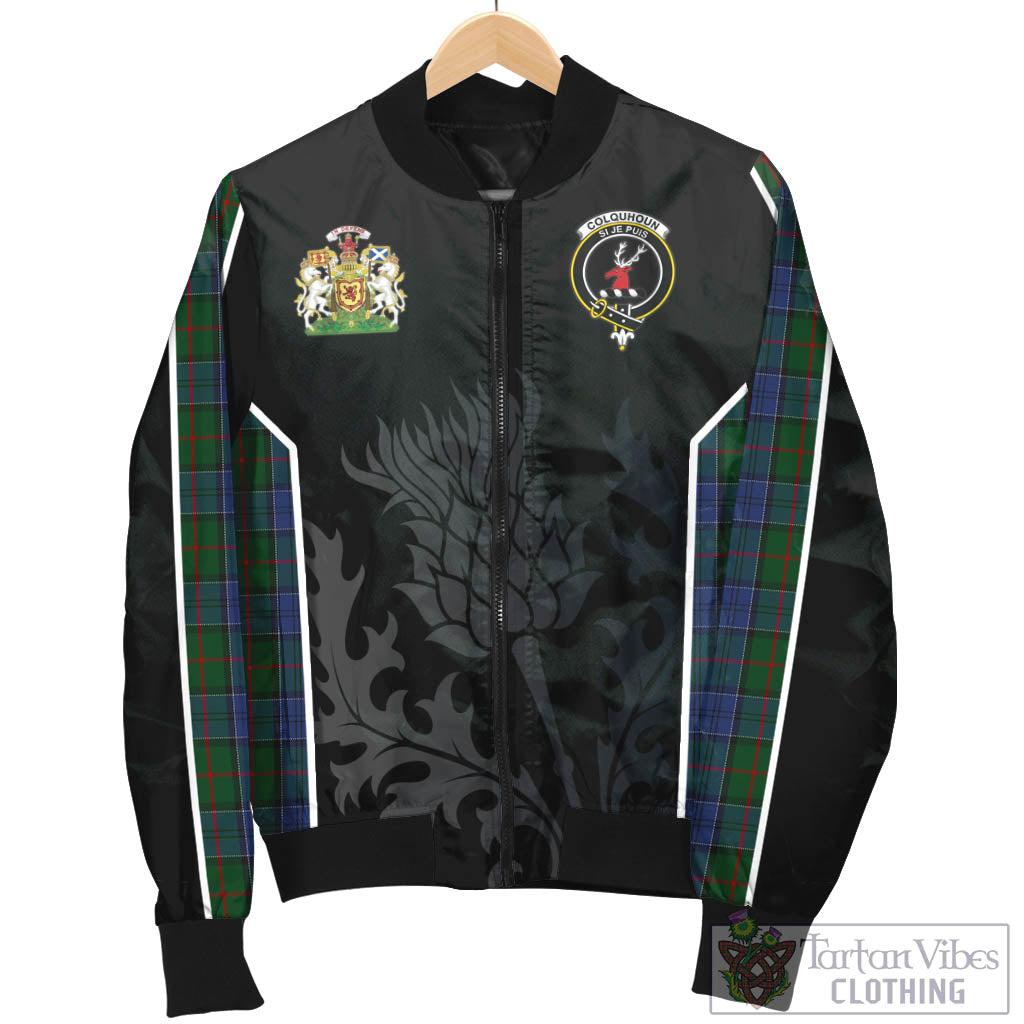 Tartan Vibes Clothing Colquhoun Tartan Bomber Jacket with Family Crest and Scottish Thistle Vibes Sport Style