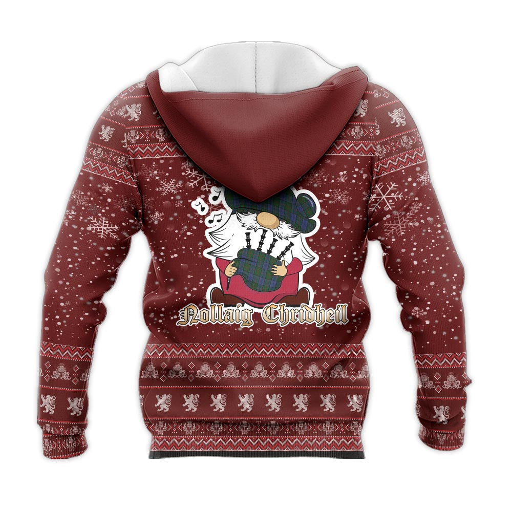 Colquhoun Clan Christmas Knitted Hoodie with Funny Gnome Playing Bagpipes - Tartanvibesclothing