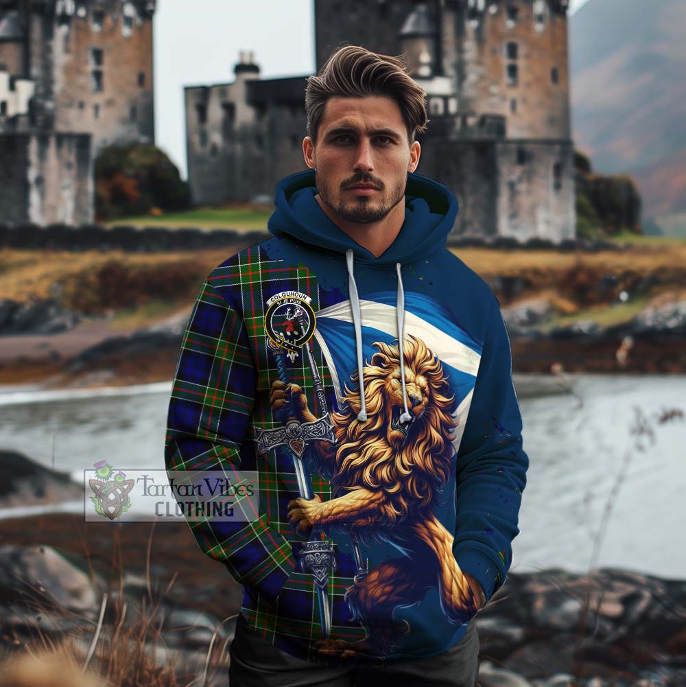 Tartan Vibes Clothing Colquhoun Tartan Family Crest Cotton Hoodie with Scottish Majestic Lion