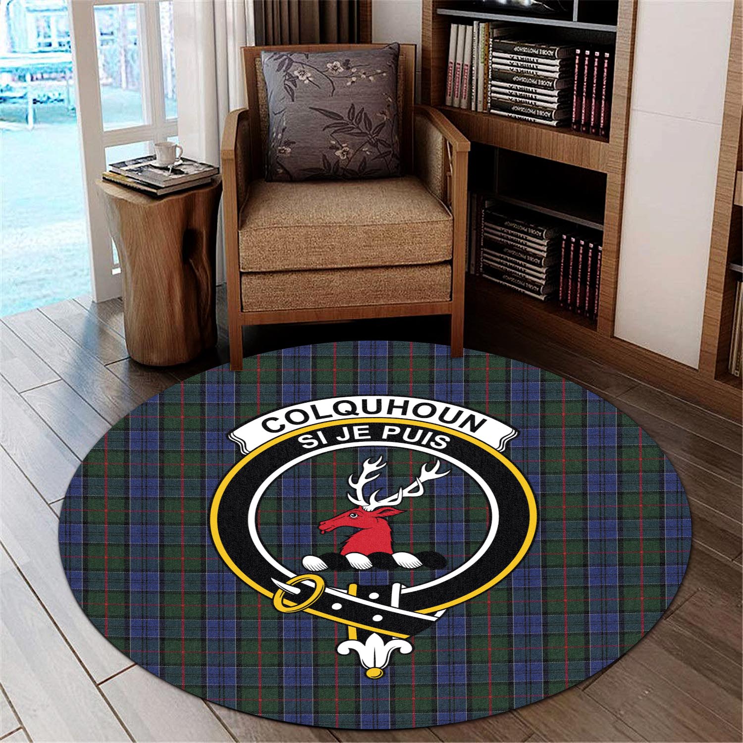 Colquhoun Tartan Round Rug with Family Crest - Tartanvibesclothing