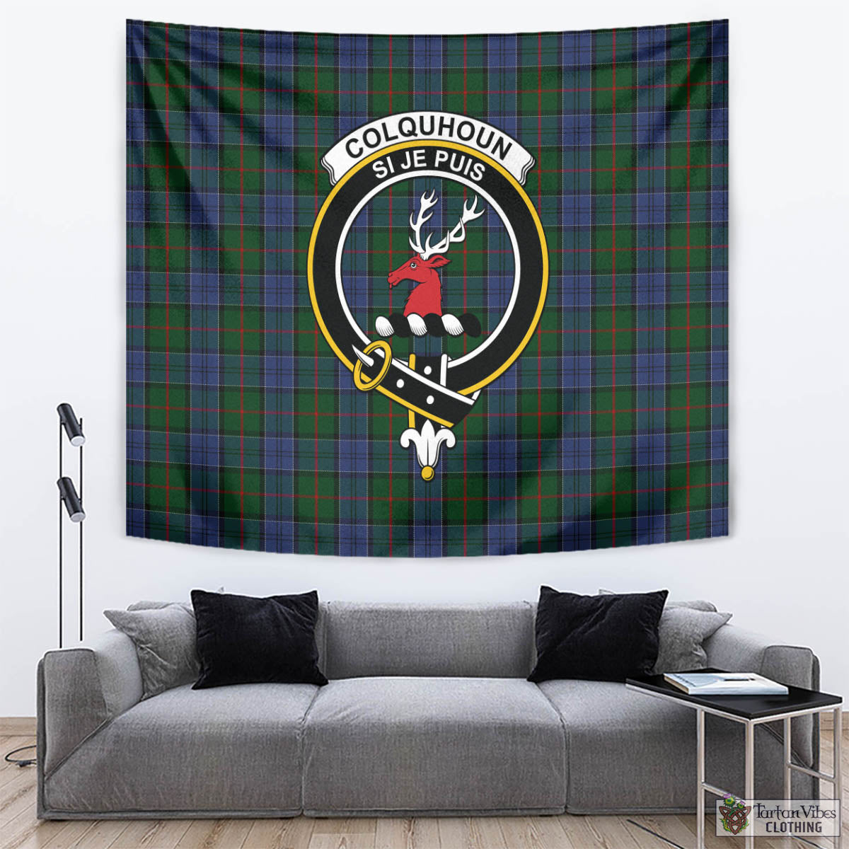 Tartan Vibes Clothing Colquhoun Tartan Tapestry Wall Hanging and Home Decor for Room with Family Crest