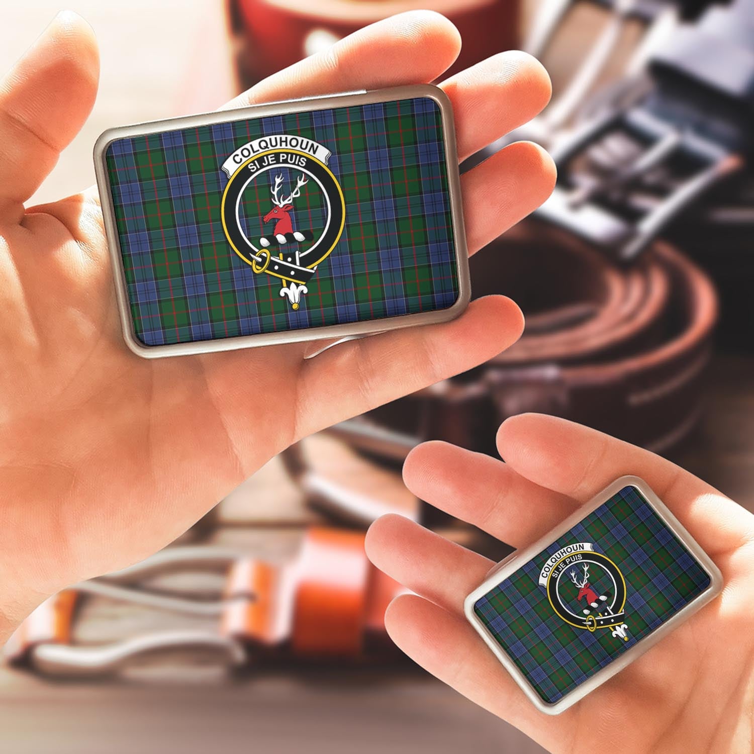 Colquhoun Tartan Belt Buckles with Family Crest - Tartan Vibes Clothing