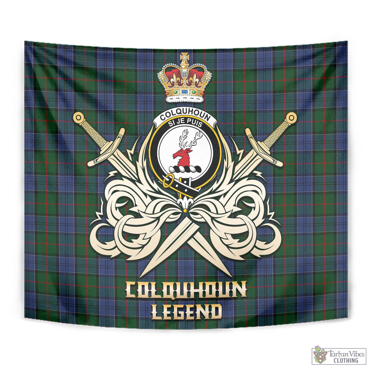 Tartan Vibes Clothing Colquhoun Tartan Tapestry with Clan Crest and the Golden Sword of Courageous Legacy