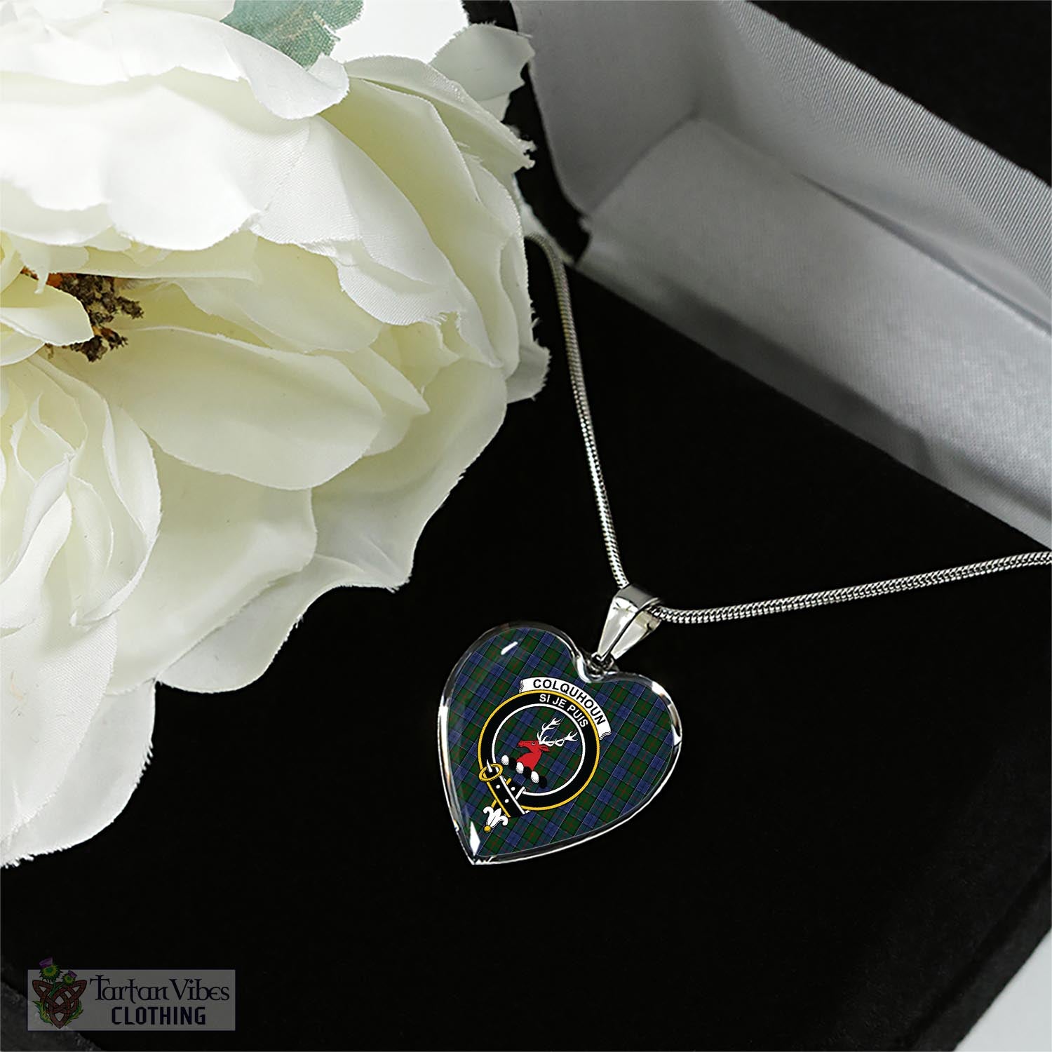 Tartan Vibes Clothing Colquhoun Tartan Heart Necklace with Family Crest