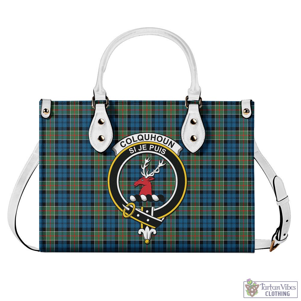 Tartan Vibes Clothing Colquhoun Ancient Tartan Luxury Leather Handbags with Family Crest