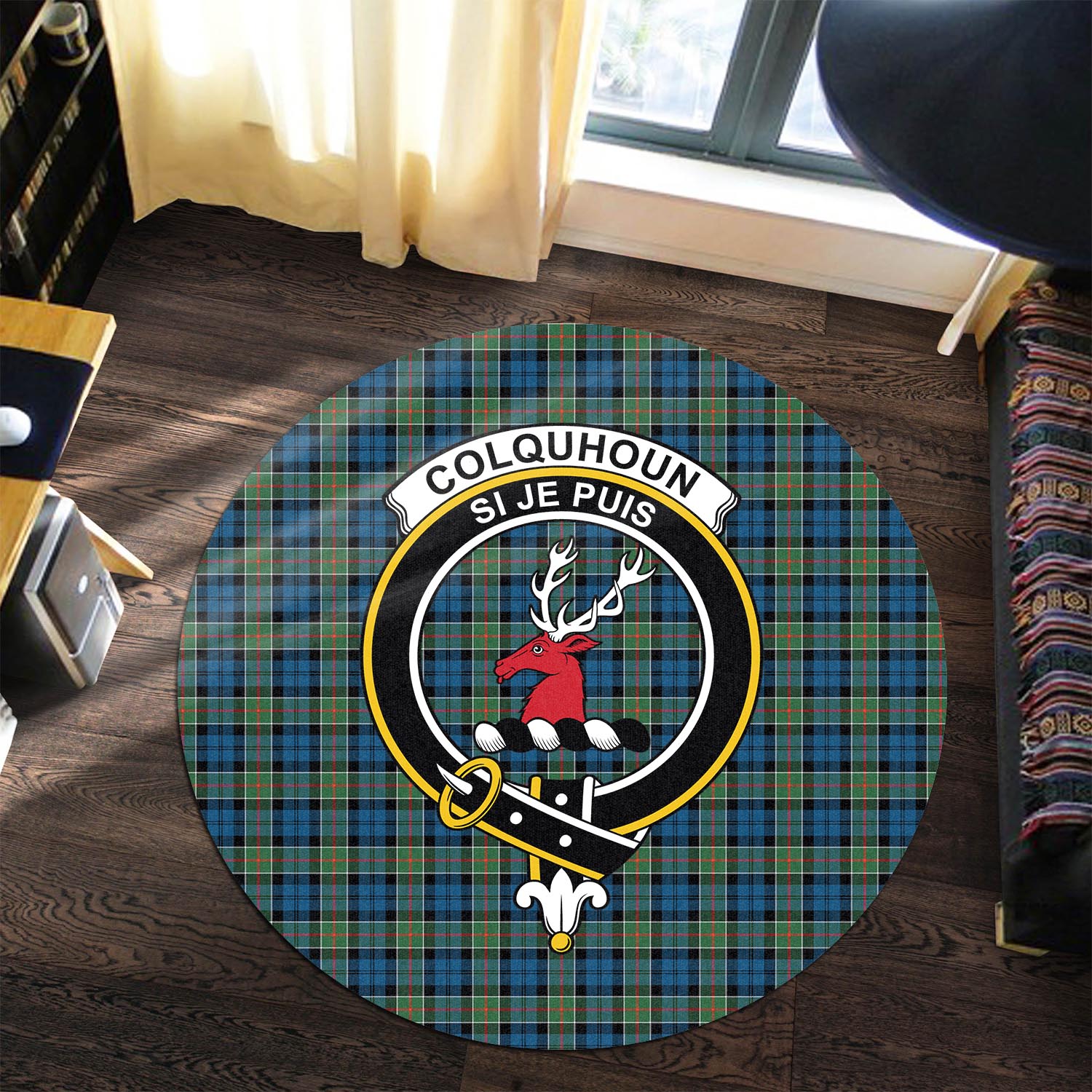 Colquhoun Ancient Tartan Round Rug with Family Crest - Tartanvibesclothing