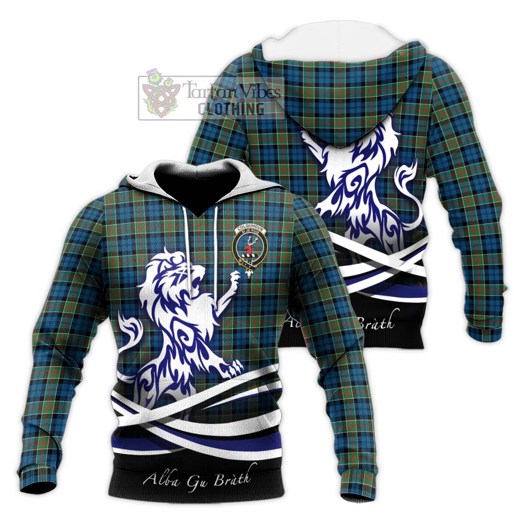 Tartan Vibes Clothing Colquhoun Ancient Tartan Knitted Hoodie with Alba Gu Brath Regal Lion Emblem