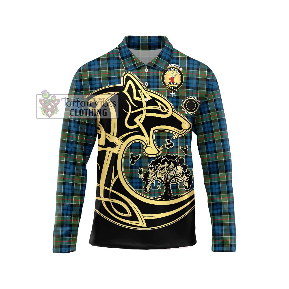 Colquhoun Ancient Tartan Long Sleeve Polo Shirt with Family Crest Celtic Wolf Style Unisex - Tartanvibesclothing Shop