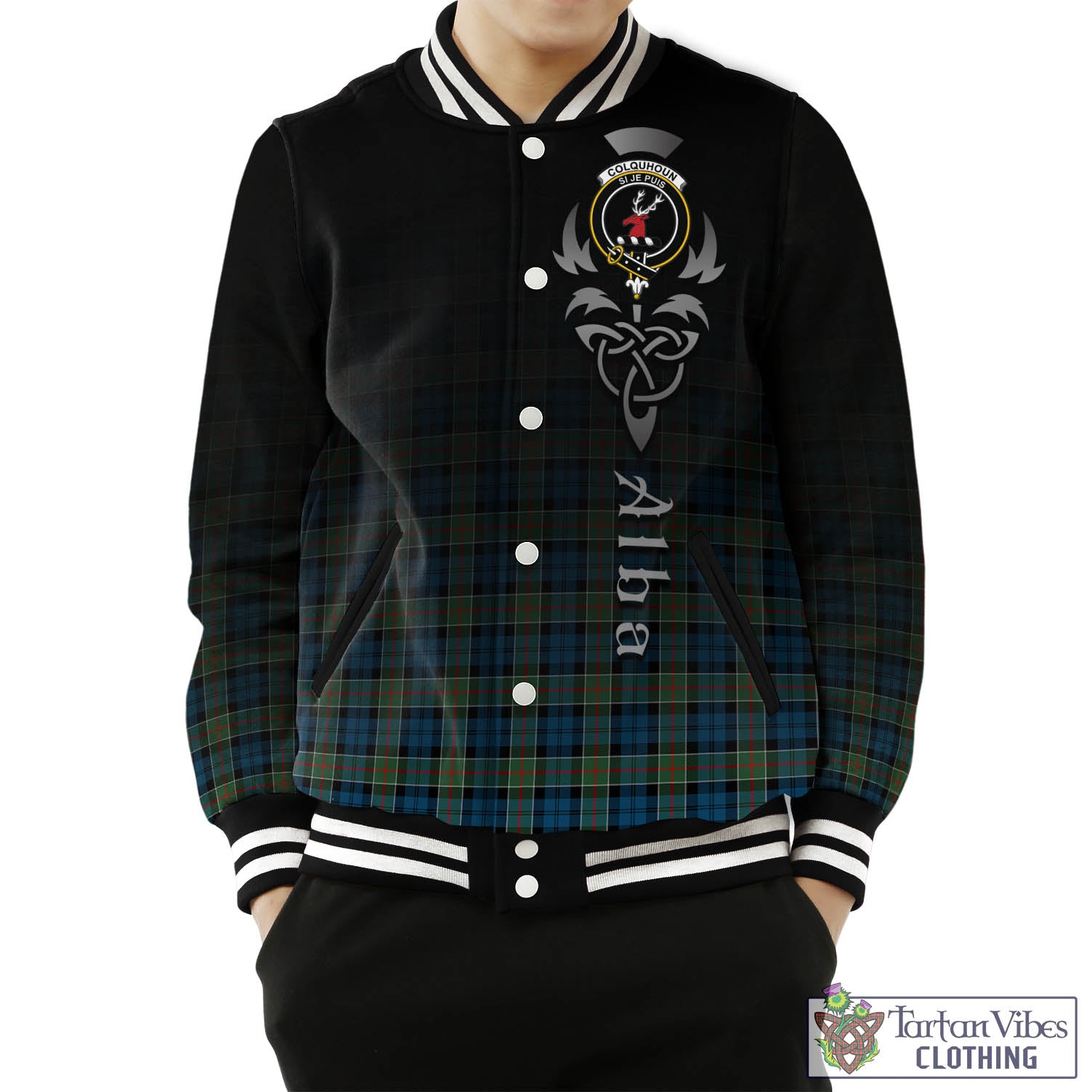 Tartan Vibes Clothing Colquhoun Ancient Tartan Baseball Jacket Featuring Alba Gu Brath Family Crest Celtic Inspired