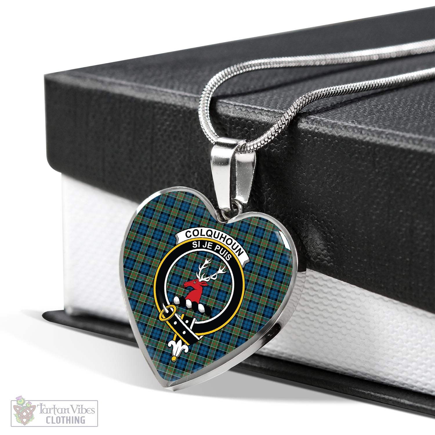 Tartan Vibes Clothing Colquhoun Ancient Tartan Heart Necklace with Family Crest