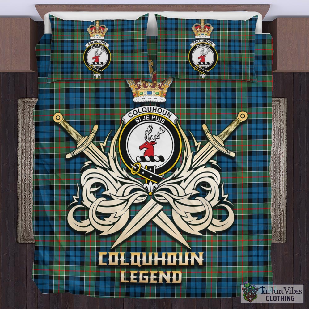 Tartan Vibes Clothing Colquhoun Ancient Tartan Bedding Set with Clan Crest and the Golden Sword of Courageous Legacy