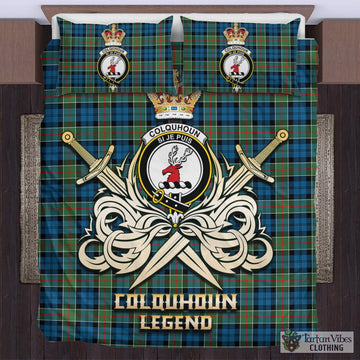 Colquhoun Ancient Tartan Bedding Set with Clan Crest and the Golden Sword of Courageous Legacy