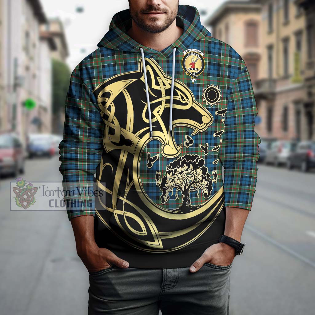 Tartan Vibes Clothing Colquhoun Ancient Tartan Hoodie with Family Crest Celtic Wolf Style
