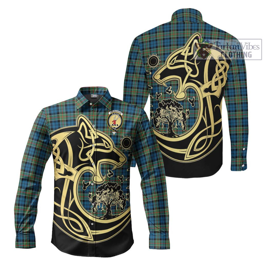 Colquhoun Ancient Tartan Long Sleeve Button Shirt with Family Crest Celtic Wolf Style Men's Shirt S - Tartan Vibes Clothing