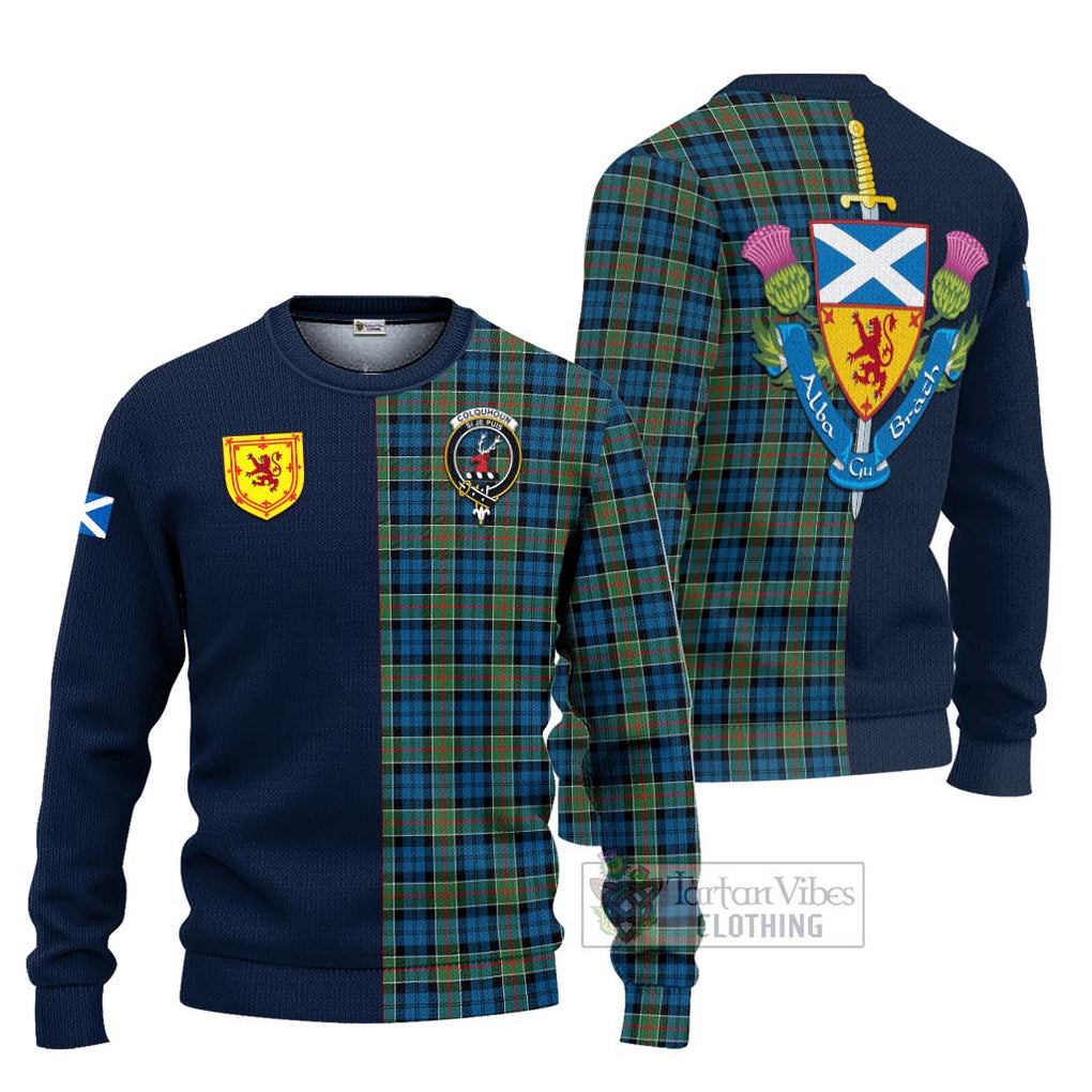 Tartan Vibes Clothing Colquhoun Ancient Tartan Knitted Sweater with Scottish Lion Royal Arm Half Style