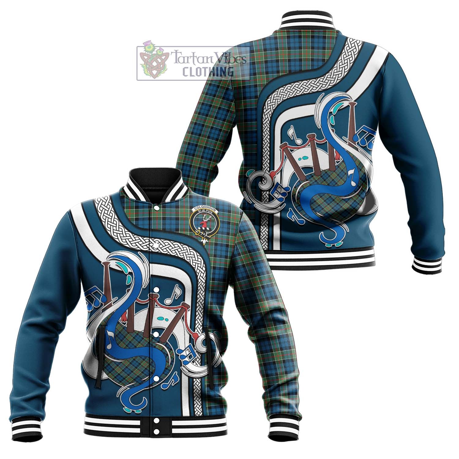 Tartan Vibes Clothing Colquhoun Ancient Tartan Baseball Jacket with Epic Bagpipe Style