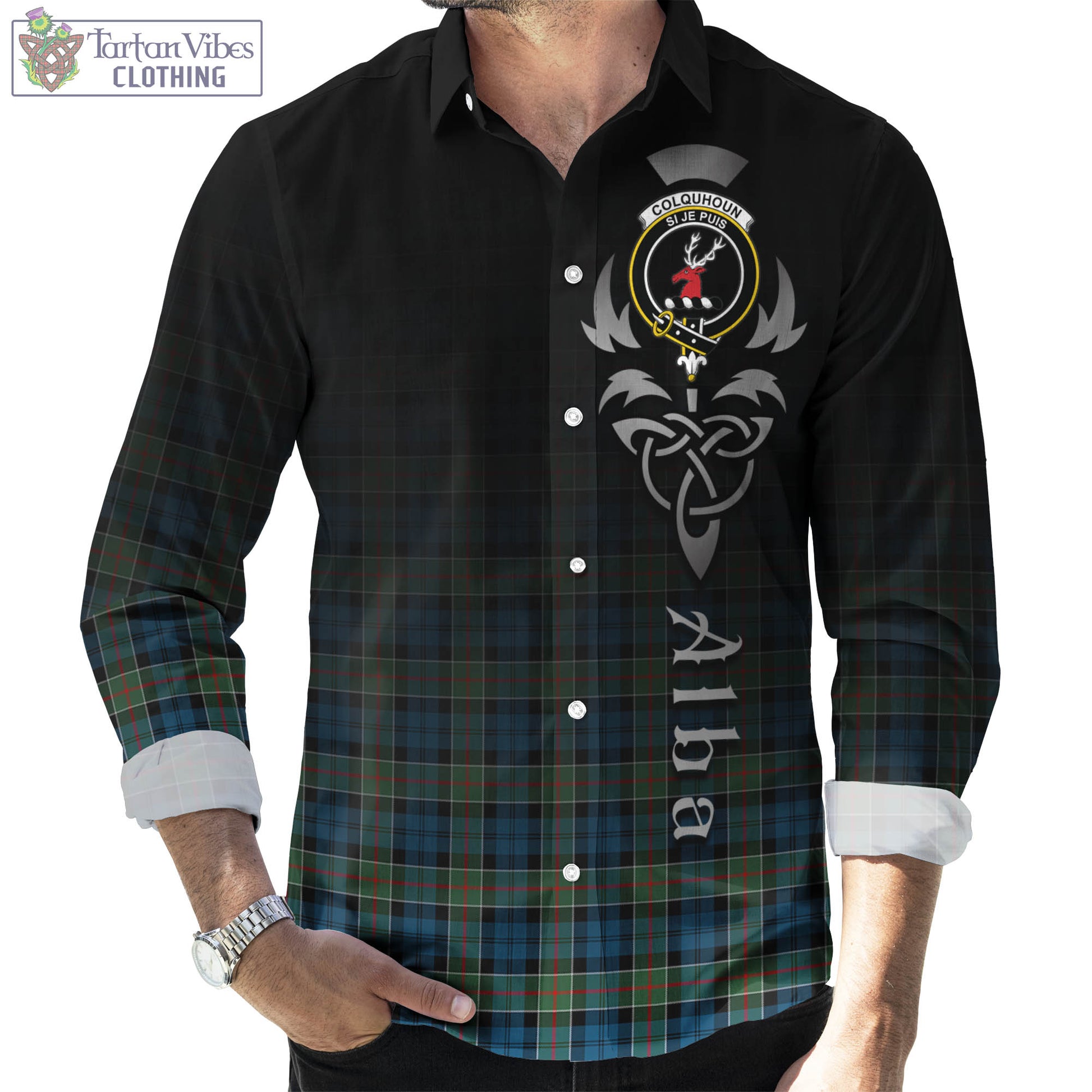 Tartan Vibes Clothing Colquhoun Ancient Tartan Long Sleeve Button Up Featuring Alba Gu Brath Family Crest Celtic Inspired