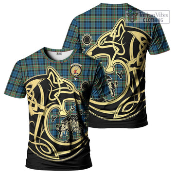 Colquhoun Ancient Tartan T-Shirt with Family Crest Celtic Wolf Style