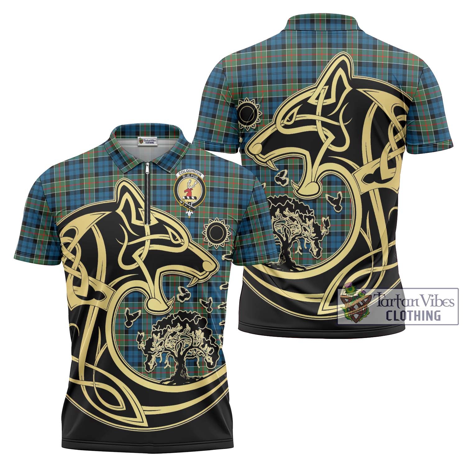 Tartan Vibes Clothing Colquhoun Ancient Tartan Zipper Polo Shirt with Family Crest Celtic Wolf Style