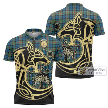 Colquhoun Ancient Tartan Zipper Polo Shirt with Family Crest Celtic Wolf Style