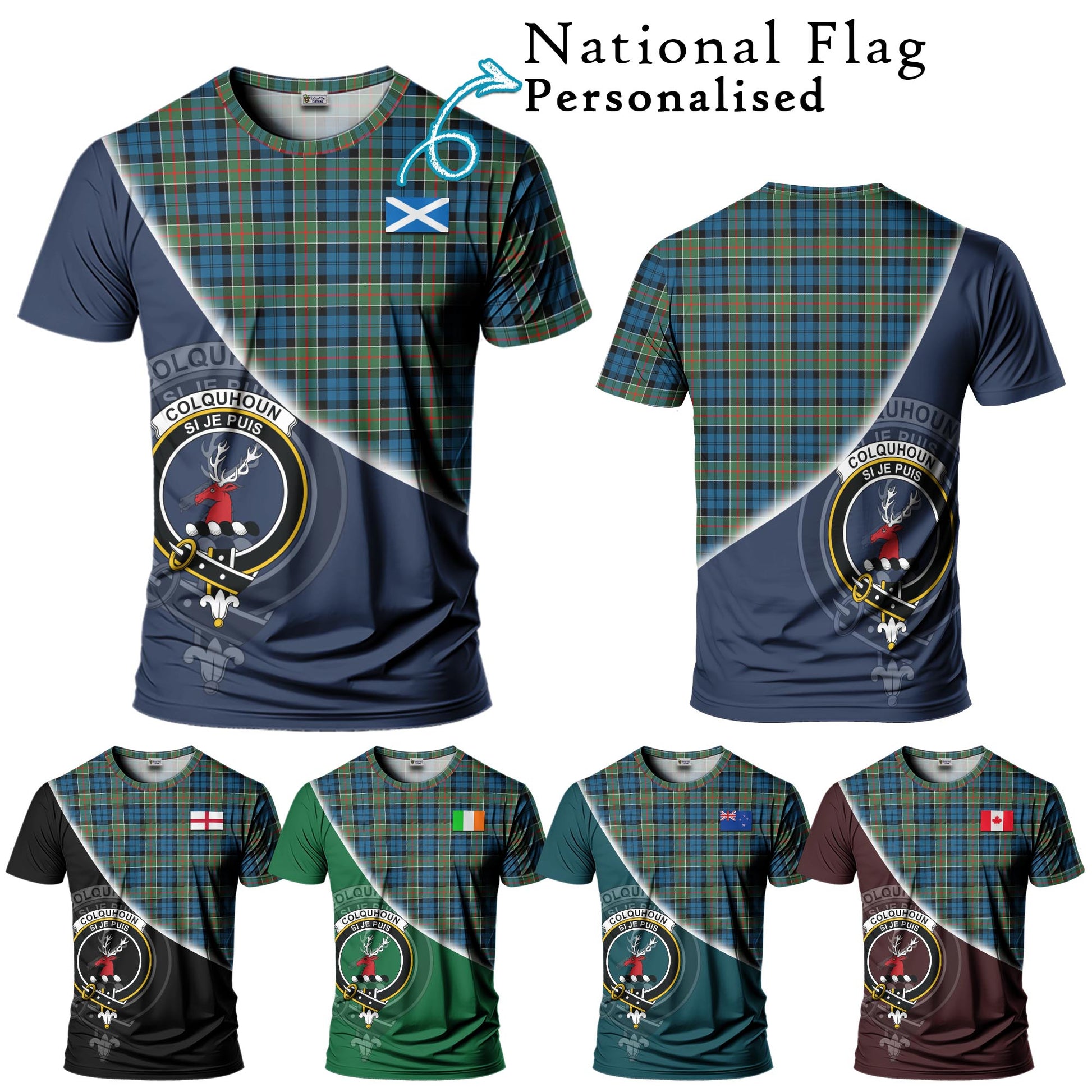 Tartan Vibes Clothing Colquhoun Ancient Tartan T-Shirt with Personalised National Flag and Family Crest Half Style