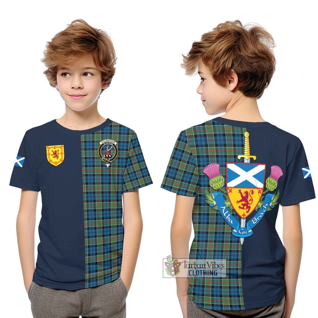 Tartan Vibes Clothing Colquhoun Ancient Tartan Kid T-Shirt with Scottish Lion Royal Arm Half Style