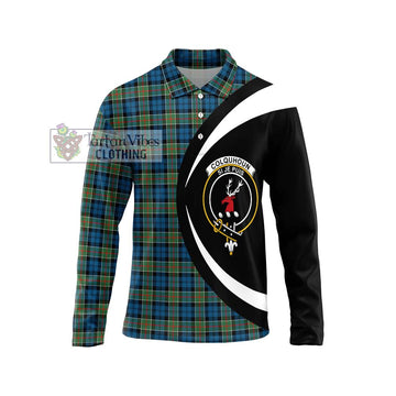 Colquhoun Ancient Tartan Long Sleeve Polo Shirt with Family Crest Circle Style