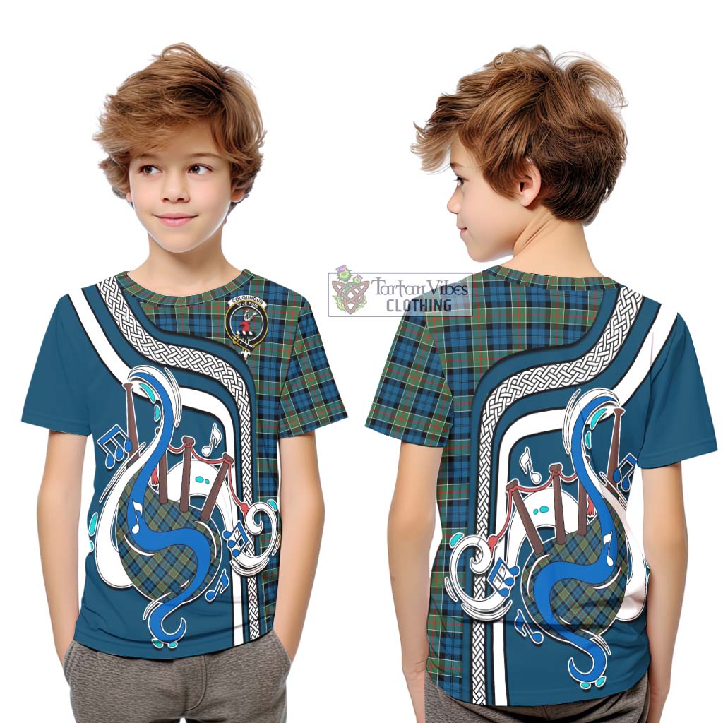 Tartan Vibes Clothing Colquhoun Ancient Tartan Kid T-Shirt with Epic Bagpipe Style