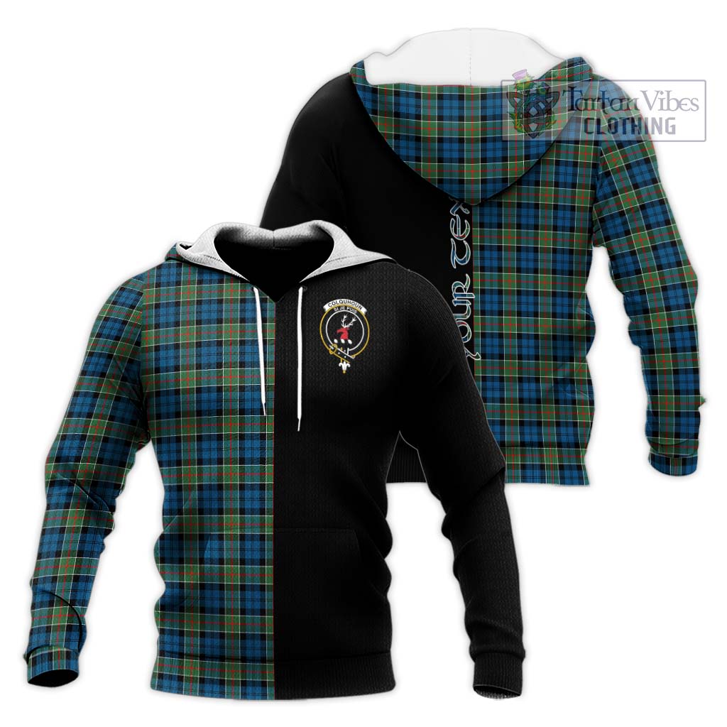 Tartan Vibes Clothing Colquhoun Ancient Tartan Knitted Hoodie with Family Crest and Half Of Me Style