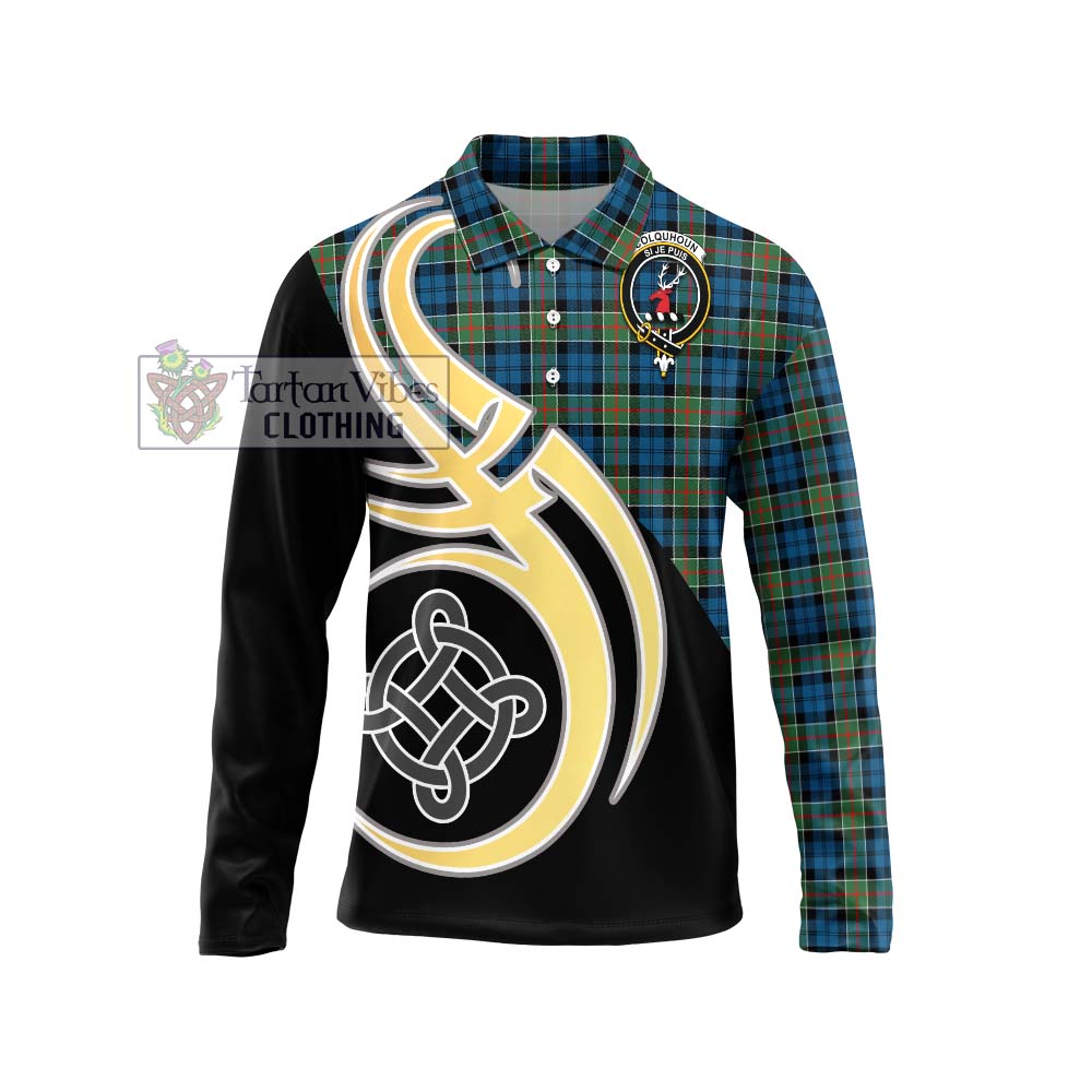 Colquhoun Ancient Tartan Long Sleeve Polo Shirt with Family Crest and Celtic Symbol Style Unisex - Tartan Vibes Clothing