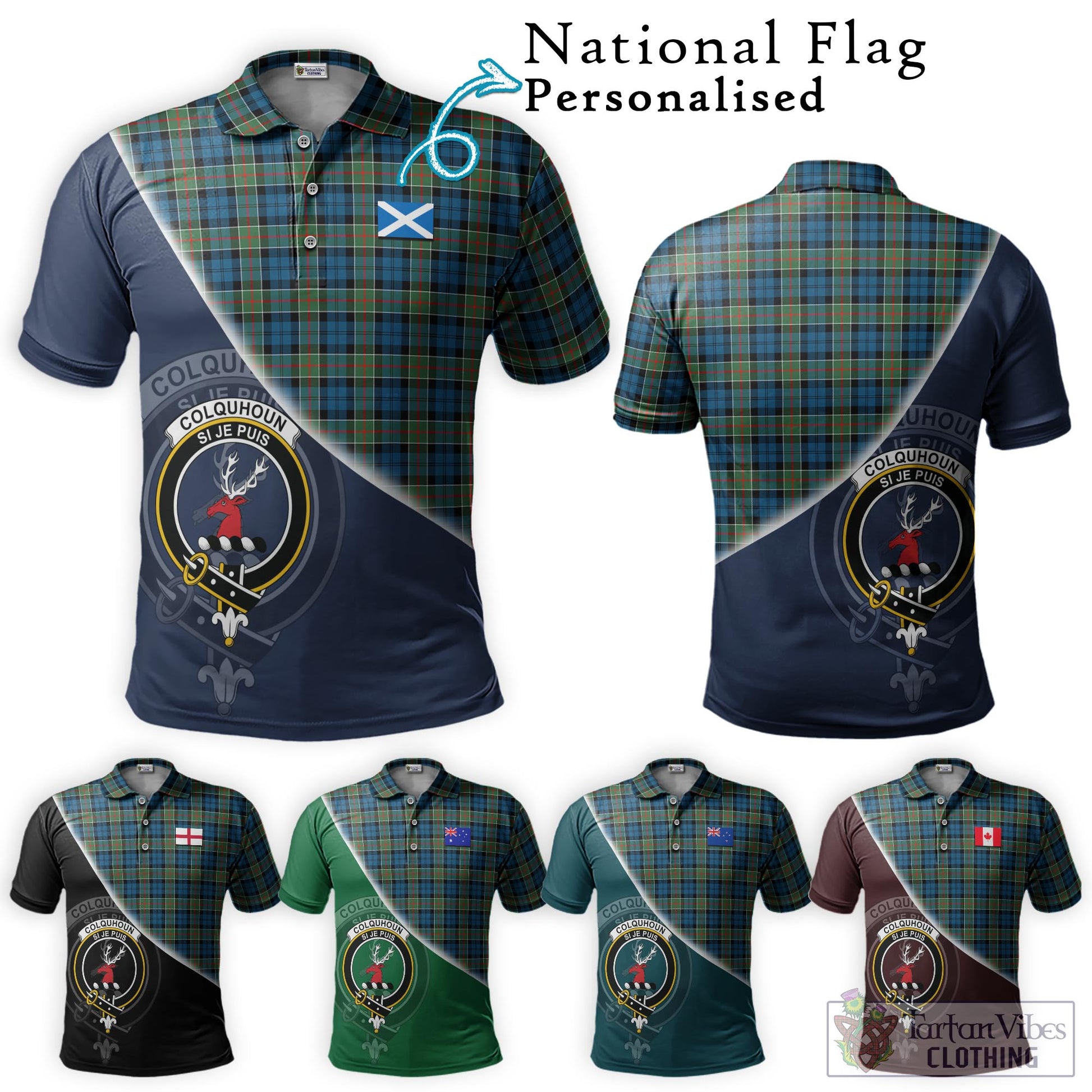 Tartan Vibes Clothing Colquhoun Ancient Tartan Polo Shirt with Personalised National Flag and Family Crest Half Style