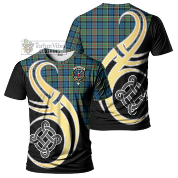 Colquhoun Ancient Tartan T-Shirt with Family Crest and Celtic Symbol Style