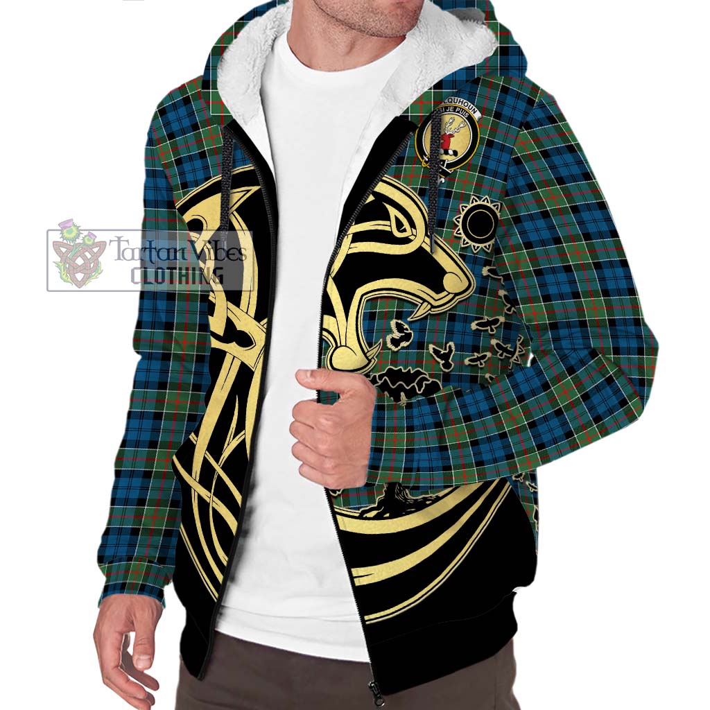 Tartan Vibes Clothing Colquhoun Ancient Tartan Sherpa Hoodie with Family Crest Celtic Wolf Style