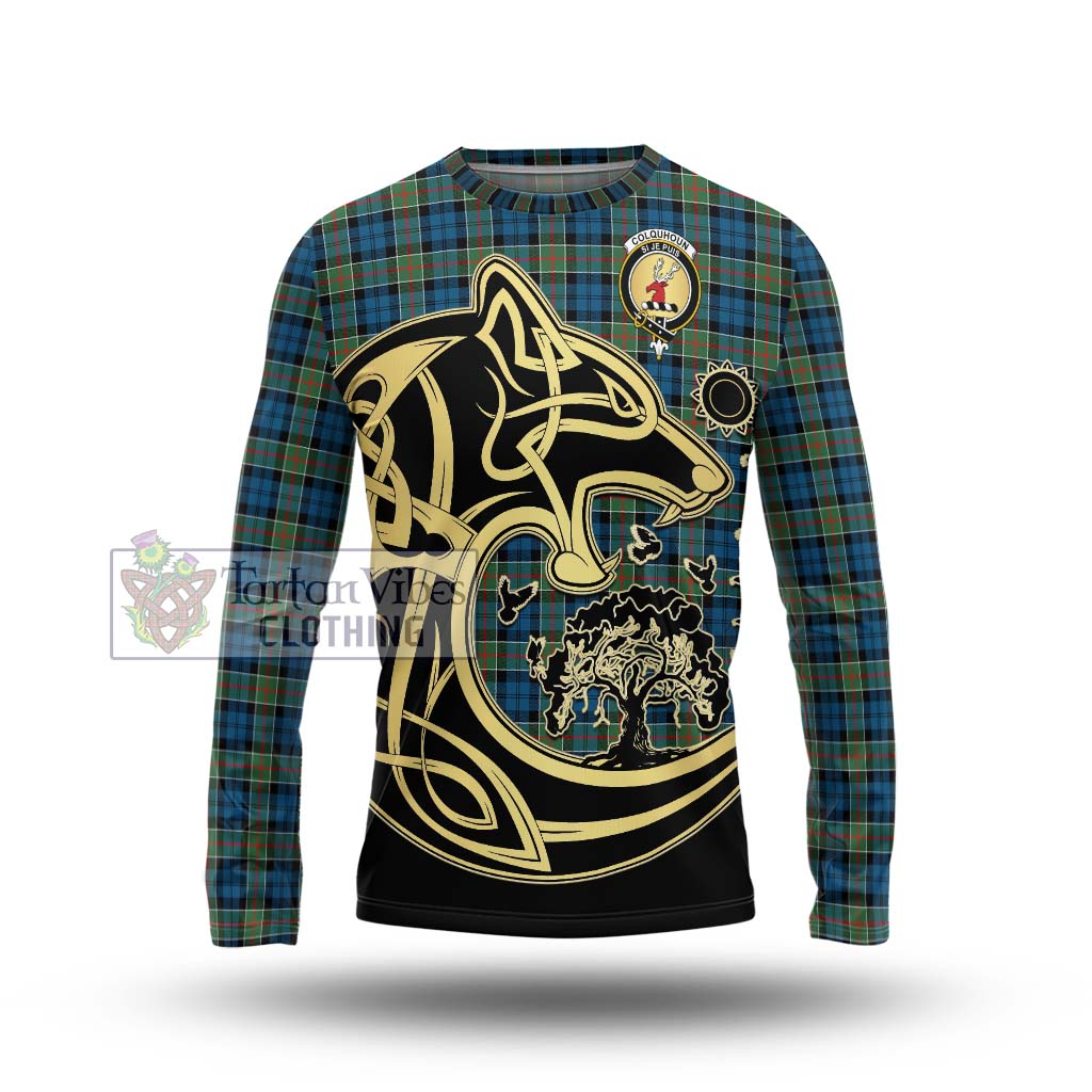 Tartan Vibes Clothing Colquhoun Ancient Tartan Long Sleeve T-Shirt with Family Crest Celtic Wolf Style