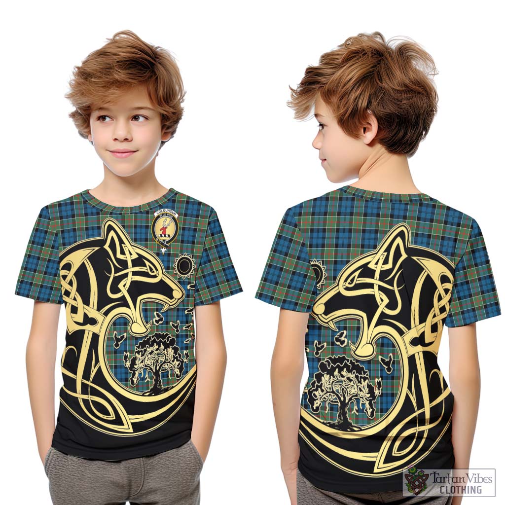 Tartan Vibes Clothing Colquhoun Ancient Tartan Kid T-Shirt with Family Crest Celtic Wolf Style