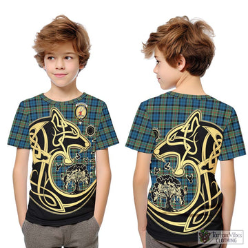 Colquhoun Ancient Tartan Kid T-Shirt with Family Crest Celtic Wolf Style