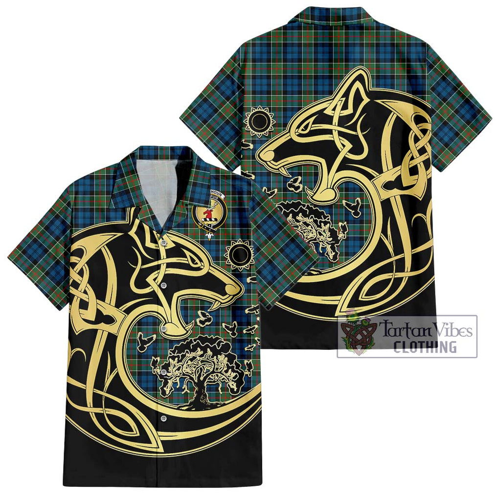 Colquhoun Ancient Tartan Short Sleeve Button Shirt with Family Crest Celtic Wolf Style Kid - Tartan Vibes Clothing