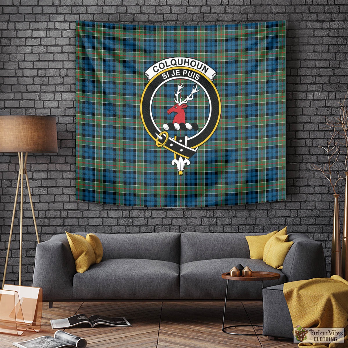 Tartan Vibes Clothing Colquhoun Ancient Tartan Tapestry Wall Hanging and Home Decor for Room with Family Crest