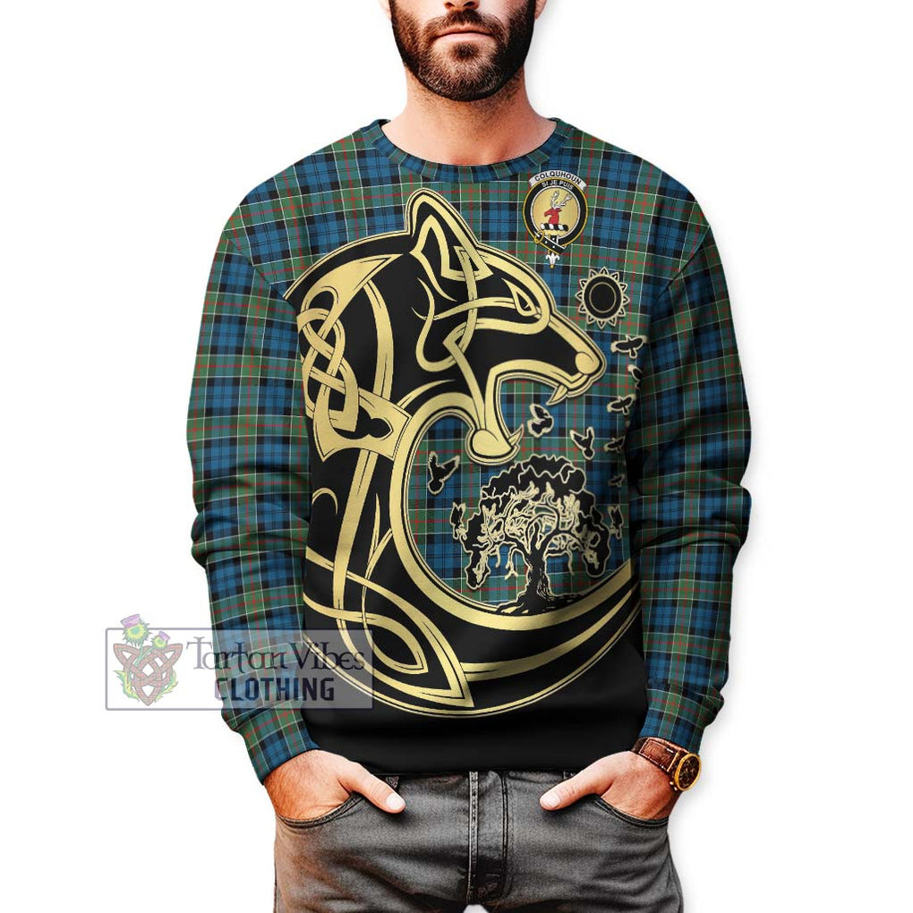 Colquhoun Ancient Tartan Sweatshirt with Family Crest Celtic Wolf Style Unisex - Tartan Vibes Clothing