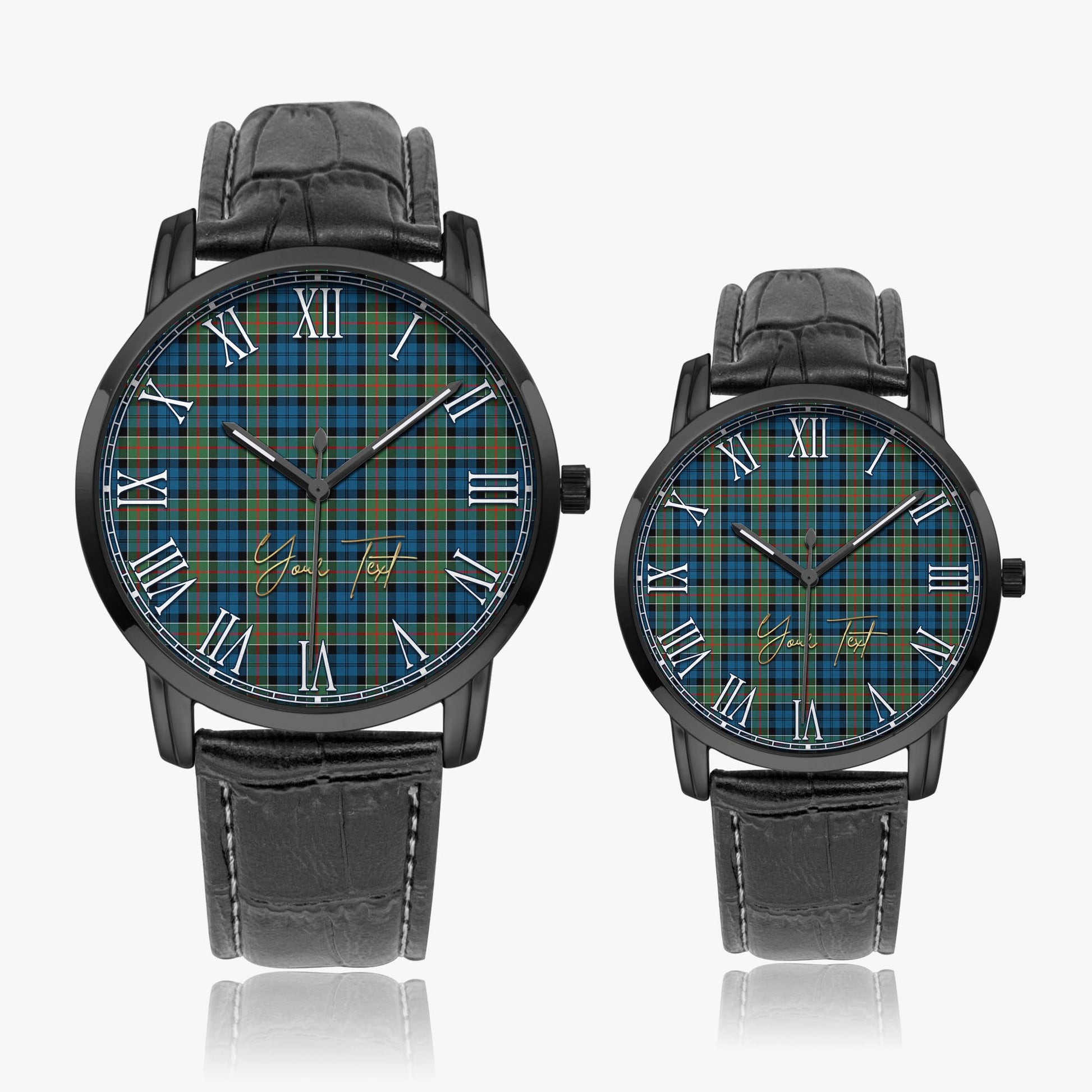 Colquhoun Ancient Tartan Personalized Your Text Leather Trap Quartz Watch Wide Type Black Case With Black Leather Strap - Tartanvibesclothing