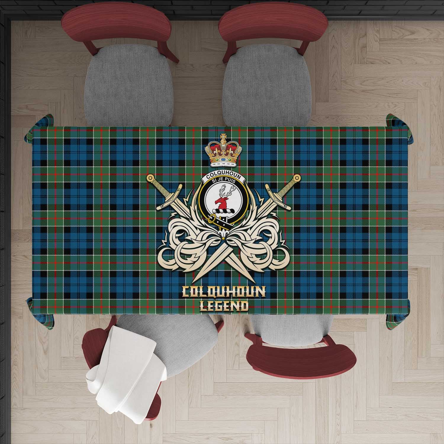 Tartan Vibes Clothing Colquhoun Ancient Tartan Tablecloth with Clan Crest and the Golden Sword of Courageous Legacy