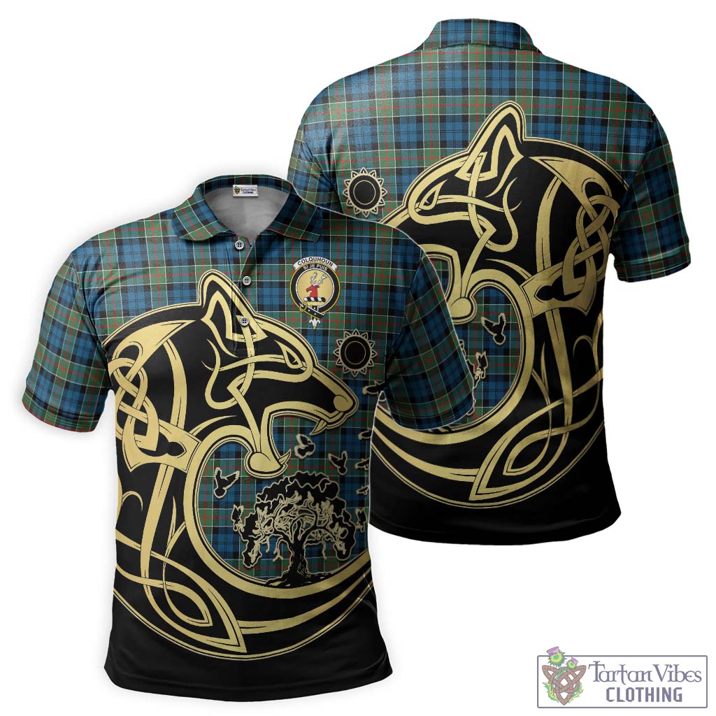 Tartan Vibes Clothing Colquhoun Ancient Tartan Polo Shirt with Family Crest Celtic Wolf Style