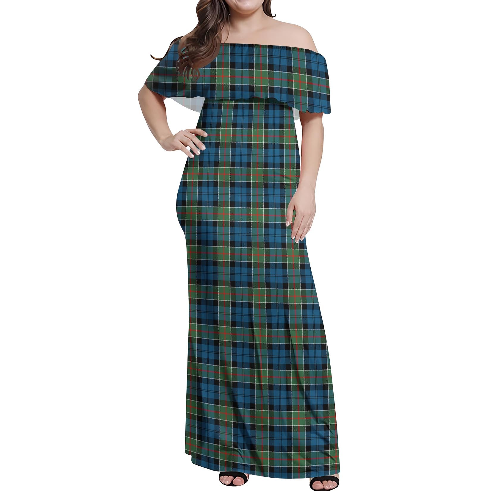 Colquhoun Ancient Tartan Off Shoulder Long Dress Women's Dress - Tartanvibesclothing