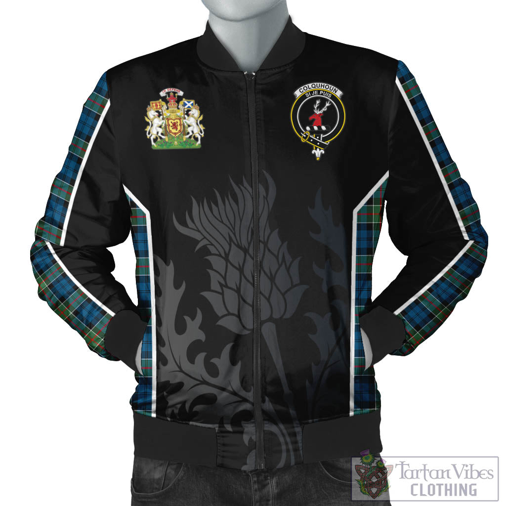 Tartan Vibes Clothing Colquhoun Ancient Tartan Bomber Jacket with Family Crest and Scottish Thistle Vibes Sport Style